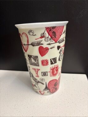 Starbucks White Ceramic Mug with Red and Black Heart Motif